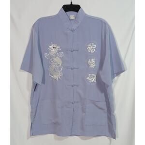 Kim Lai Fashions XL 100% Silk Chinese Tang Shirt Light Blue Dragon Frog Buttons